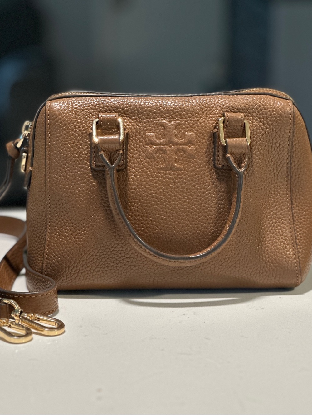 Tory Burch Tan Pebbled Leather Satchel with Gold Hardware